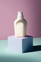 Cosmetics packaging mockup with a podium on a minimalist background. Beauty products. Generative Ai