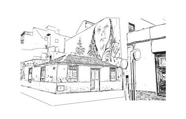 Building view with landmark of Puerto de la Cruzis the city in Spain. Hand drawn sketch illustration in vector.