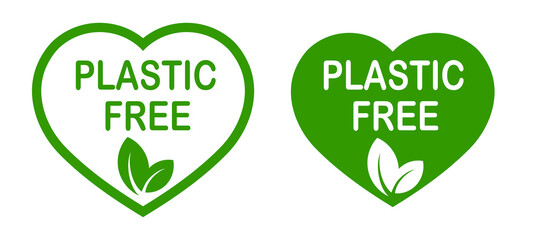 Plastic free heart-shaped logo. Eco-friendly packaging. Green product. Zero waste. Recycling