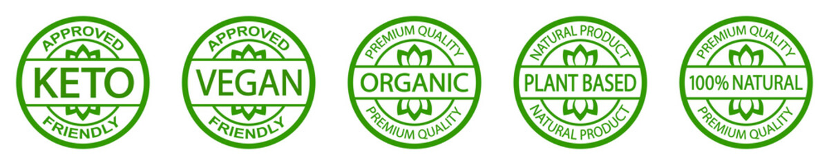 Set of stamps: keto, vegan, organic, plant based, 100% natural. Premium quality logo badge. Ketogenic diet approved.