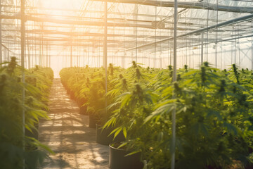 Cannabis farm marijuana plantation, sunset. Generation AI