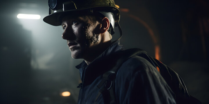 Portrait miner man with headlamps entering underground coal mine. Concept hard mining working. Generation AI