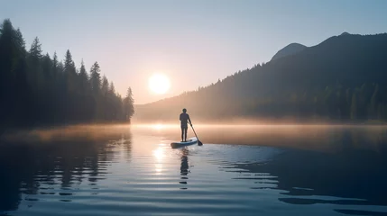 Gordijnen Man in thermo clothing rowing oar on sup board blue lake water paddleboard background of forest and mountains sunset. Concept travel adventure. AI generation © Adin