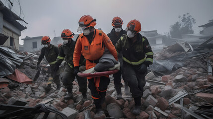 Rescue service man in helmet clears rubble of house after natural disaster. Concept Earthquake. Generation AI. - obrazy, fototapety, plakaty