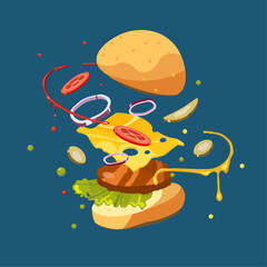 illustration of a bright delicious burger in parts