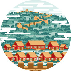 "A detailed flat circle illustration capturing the grandeur of the Great Wall of China. This captivating artwork showcases the iconic structure, historic architecture, and the awe-inspiring scale. Per