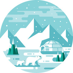 "A detailed flat circle illustration showcasing the charm of an igloo. This captivating artwork captures the cozy interior, snow-covered exterior, and a sense of Arctic adventure. Perfect for winter-t