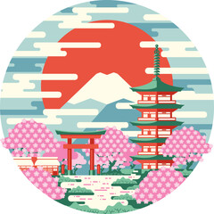 Fototapeta premium A detailed flat circle illustration capturing the beauty of a Japanese garden. This captivating artwork showcases lush greenery, tranquil ponds, and a sense of Zen. Perfect for nature-themed designs,