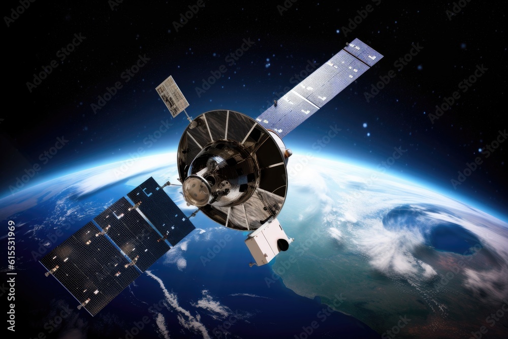 Poster satellite in space, with the earth visible in the background, created with generative ai