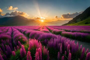 Fototapeta na wymiar lavender field at sunrise Generator by AI Technology