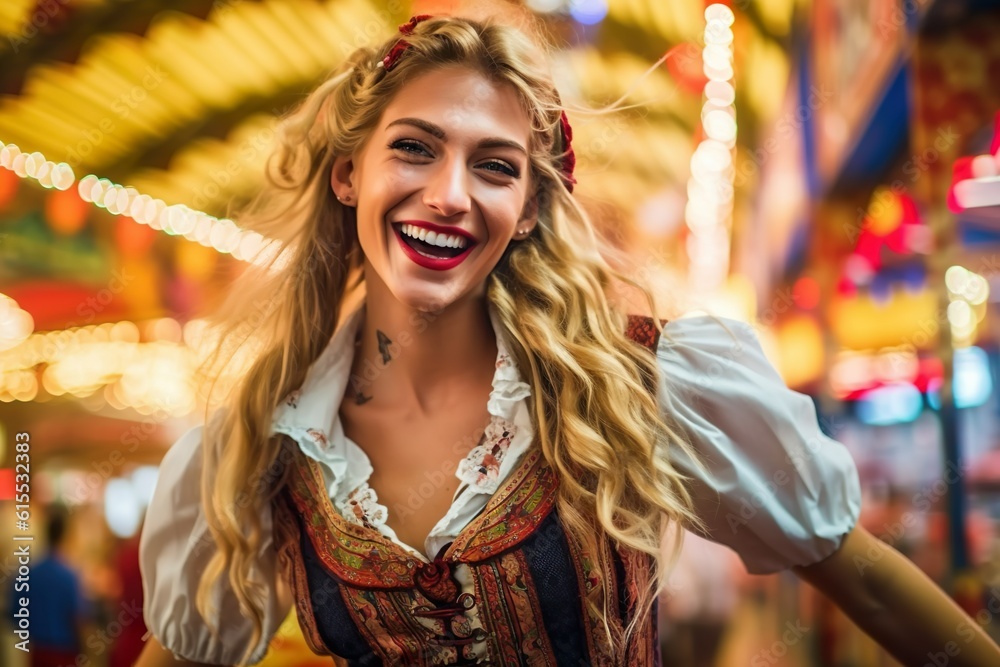 Wall mural Young Oktoberfest Beauty: Enjoying Festivities in Traditional Dirndl Attire, Generative AI