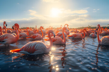 Flock of flamingos many individuals on the lake. Generative AI. - obrazy, fototapety, plakaty