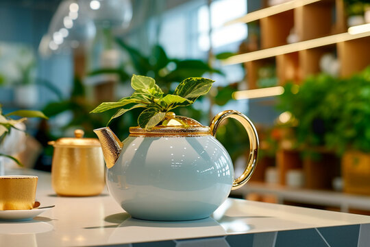 Ceramic teapot on the table in the store. Super photo realistic background, generative ai 3d illustration
