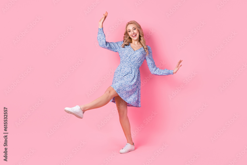 Poster full body portrait of pretty lovely lady enjoy dancing have good mood clubbing isolated on pink colo