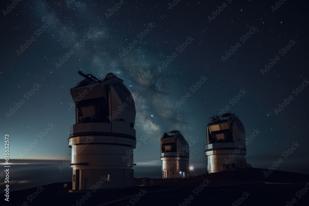 Sticker telescopes and observatories in the midst of a starry night sky, created with generative ai