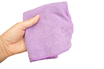 Purple microfiber cloth in hand isolated on transparent background.