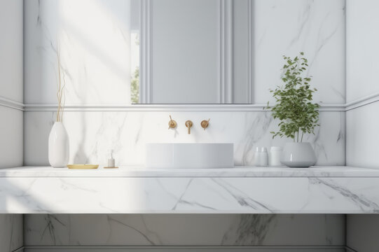 Interior design, marble bathroom. Sink and mirror. AI generative.