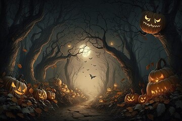 halloween scene with burning pumpkins jack o lanterns in mystical wood, ai generative