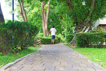 People jogging on a garden paving path