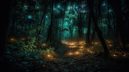Autumn magical forest background with gigantic moon and mystic lights