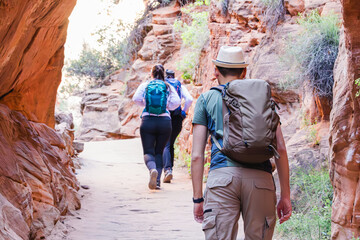 Group of friends hiking in Zion national park