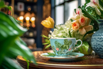 Ceramic cup on the table in the store with flowers. Super photo realistic background, generative ai 3d illustration