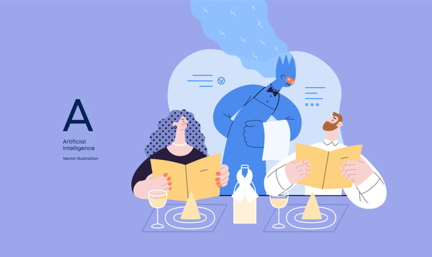 Artificial intelligence, Waiter -modern flat vector concept illustration of waiter AI taking order, giving advice on choosing in restaurant. Metaphor of AI advantage, superiority and dominance concept