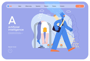 Artificial intelligence illustration. Job -modern flat vector concept illustration -AI going to work instead of human, upset woman stays home. AI metaphor, advantage, superiority and dominance concept