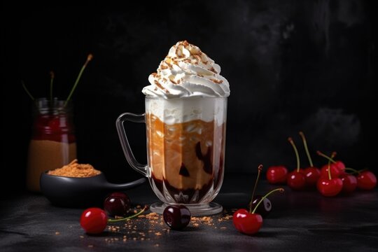 latte, iced and topped with whipped cream and cherry, created with generative ai