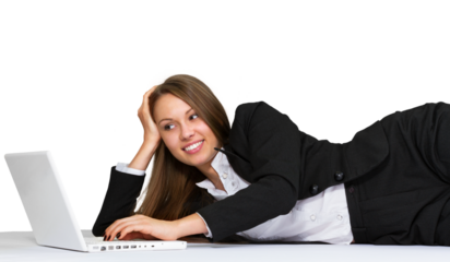 Friendly Businesswoman Lying with Laptop - Isolated