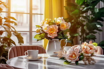Fototapeta premium Ceramic cup on the table in the store with flowers. Super photo realistic background, generative ai 3d illustration