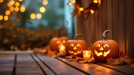 Foto op Aluminium Background with halloween pumpkins, candles and autumn leaves on the wooden house porch © lena.livaya