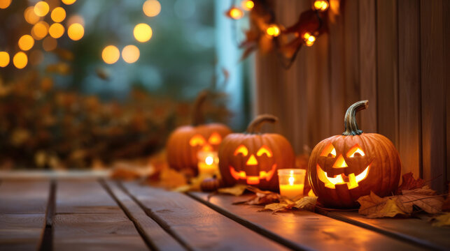 Background with halloween pumpkins, candles and autumn leaves on the wooden house porch