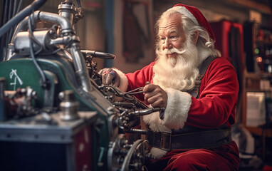 Santa Claus is tuning the engine of the snowmobile