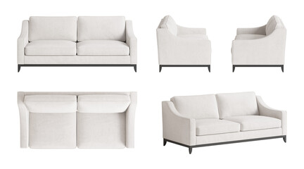 Set of five views of elegant modern classic three-seater sofa with an ivory cover, shaped armrests, and black legs. Front view, side views, top view, and perspective view. 3d render