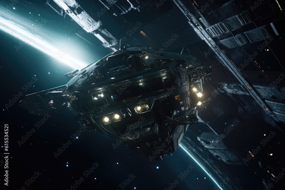 Sticker shot of a futuristic spacecraft flying though space, created with generative ai