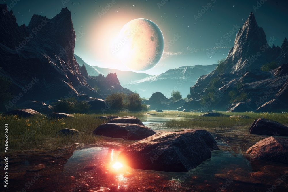 Sticker shot of a beautiful and mysterious alien planet, created with generative ai