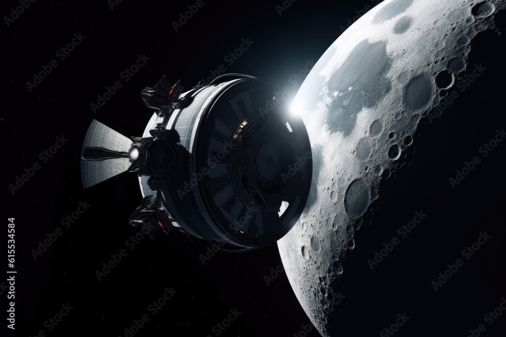 Canvas Prints shot of a futuristic spacecraft flying past the moon, created with generative ai