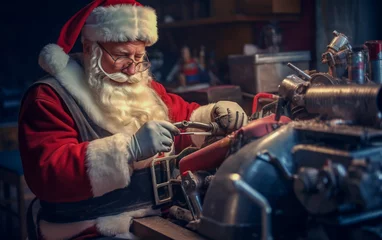 Fotobehang Santa Claus is tuning the engine of the snowmobile © Giordano Aita