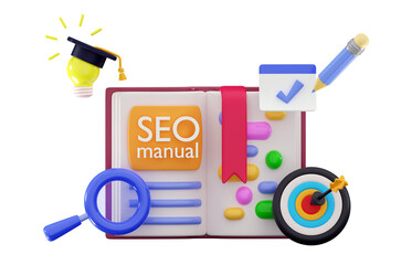 3d Seo manual Search engine optimization Social marketing blogging design Promotion banner guide Technical SEO concept Audit Minimal 3D rendering illustration