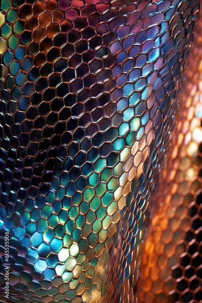 Wall mural detail of a metallic mesh with light reflections, created with generative ai