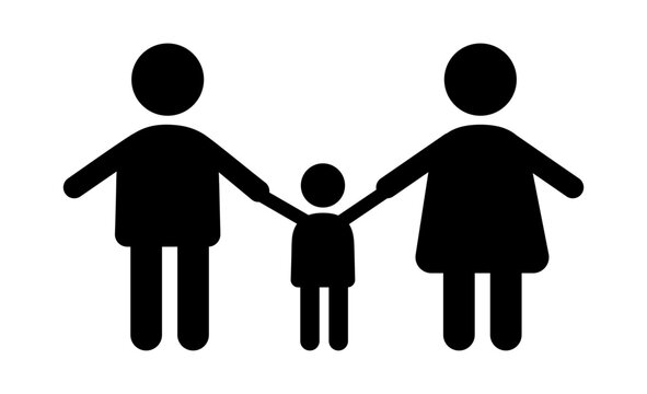 Family icon parents with child. Woman, man and kid holding hands. Mother, father and son. Vector illustration isolated on white background