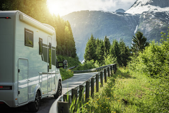 Modern Semi Integral Camper Van on the Scenic Norwegian Route