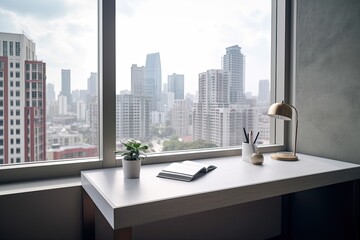 Minimalist working desk, big city in background