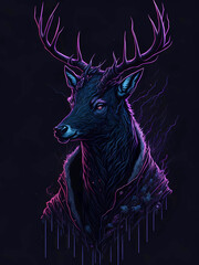 Scenic portrait of a deer in colored ink on a black background
