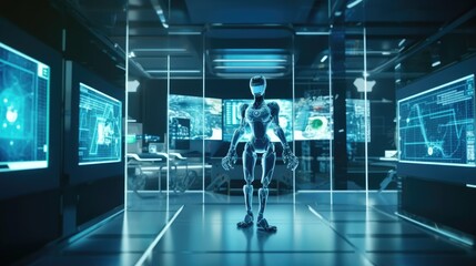 robot walking in a technology corridor