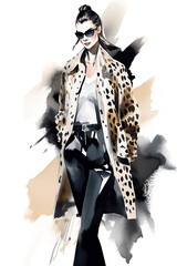 Watercolor woman with sunglasses fashion illustration on white background. Ai generated
