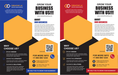 A business flyer layout with colourful elements in two colour palettes.