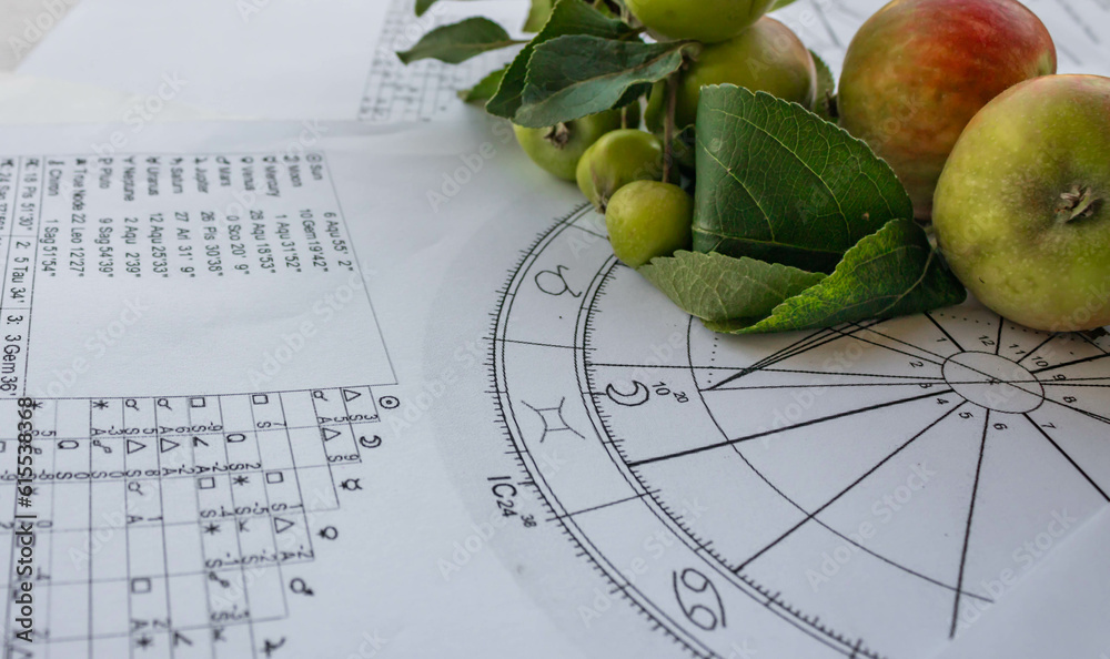 Wall mural printed birth chart with gemini moon with small red apples in the background