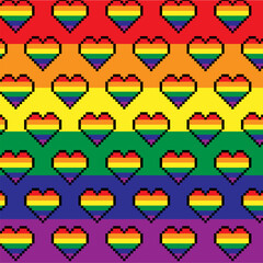 Seamless Pattern Background Heart colorful for pride month festival, Multicolored LGBT LGBTQIA, Abstracts Geometric Wallpaper Design. Pixelated Rainbow Heart. Vector Illustration.